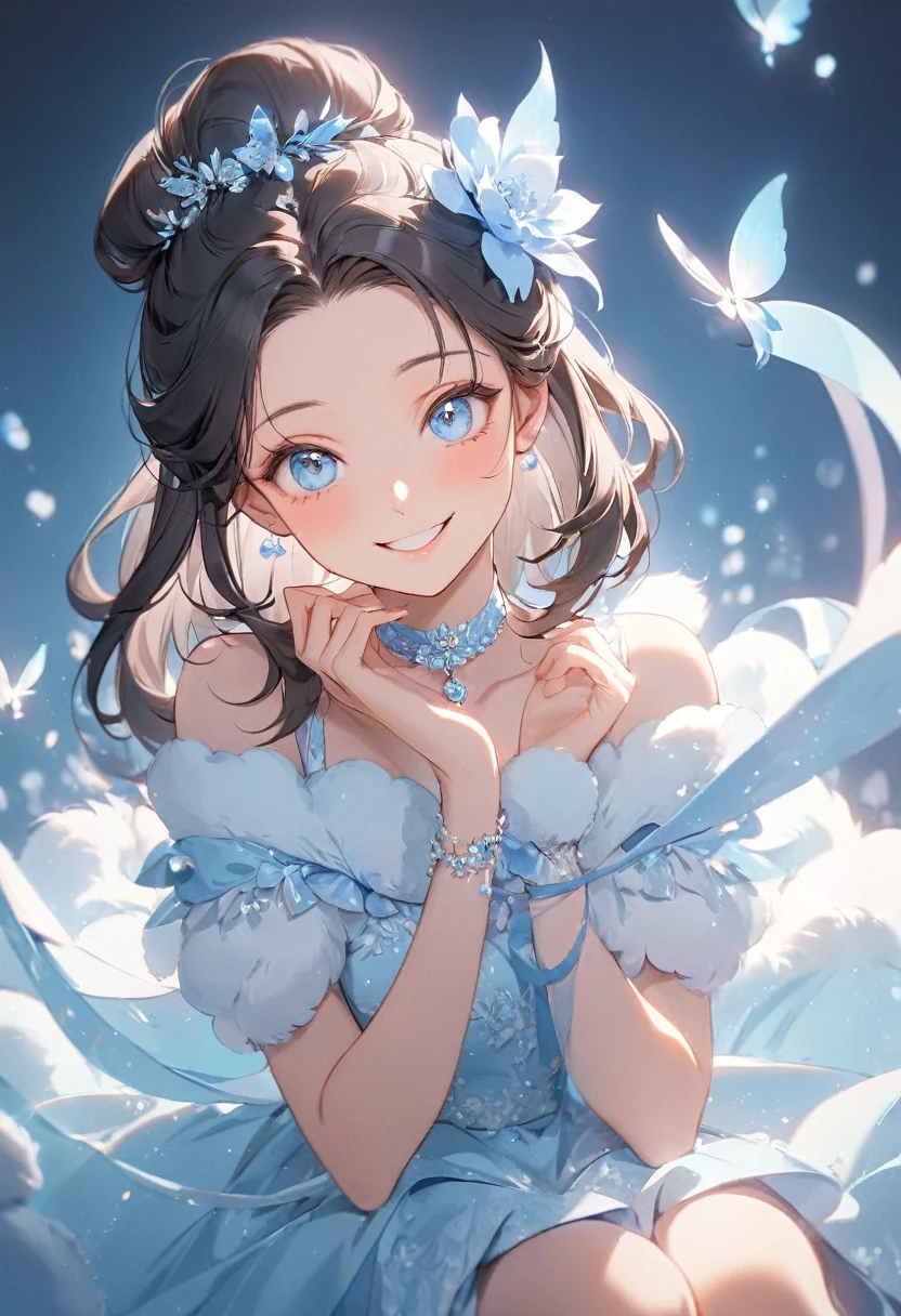 ( best quality:1.2), 1 Girl only,Solitary,forehead, Skin details, Beautiful facial features, ((fluffy dark  hair)),Exquisite makeup, Exquisite eyes, Eye details, she is 20 years old,wearing a beautiful dress, choker ,(((big smiling))),((pastel-blue theme)),happy,kindness,soft focus,white soft lighting,sit on the air