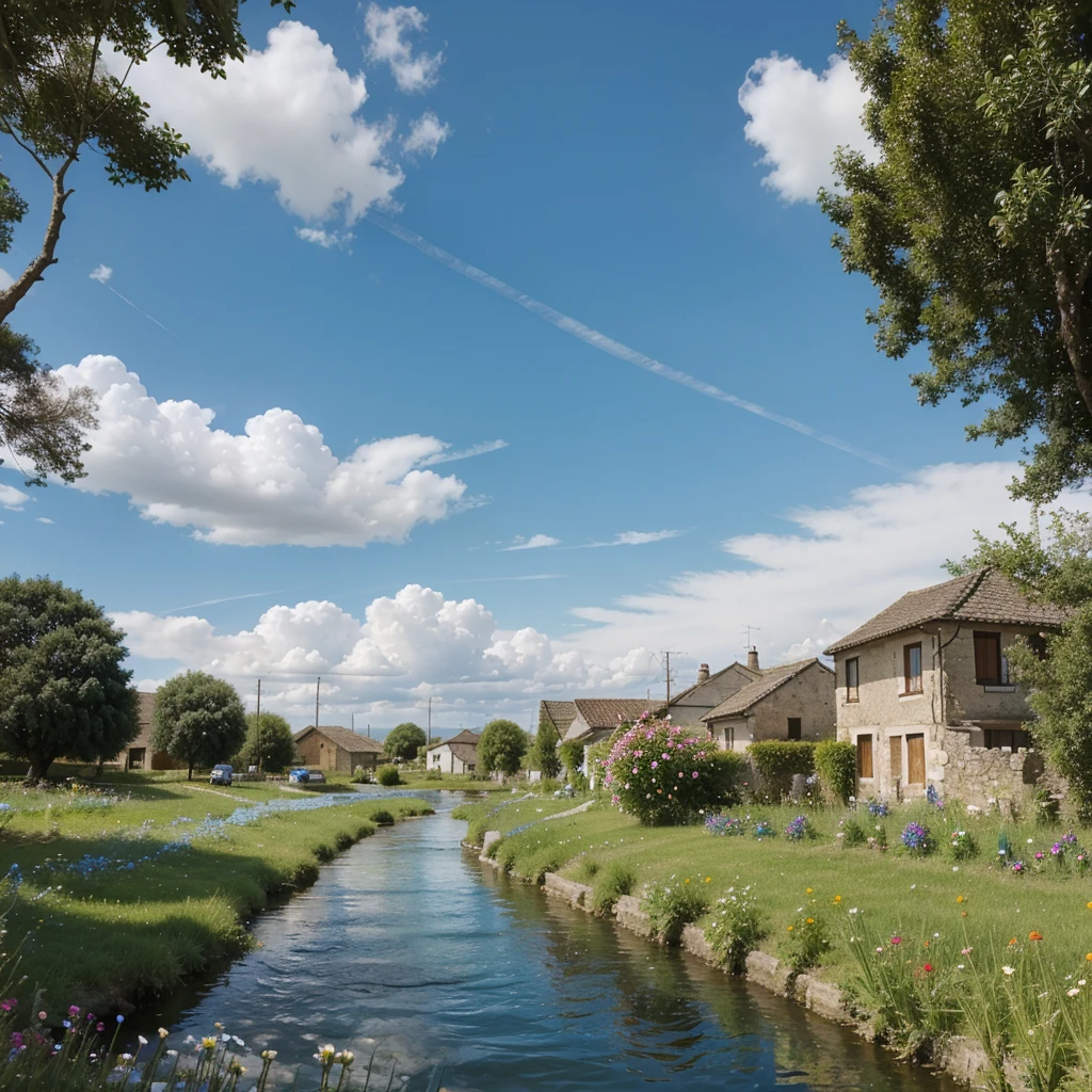 Significant blue sky over of Horizontal view of the  small river under the village, some flowers around