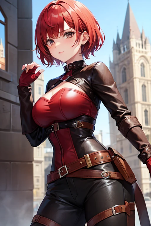 One Girl, Red hair，short hair，Brown eyes，leather armor