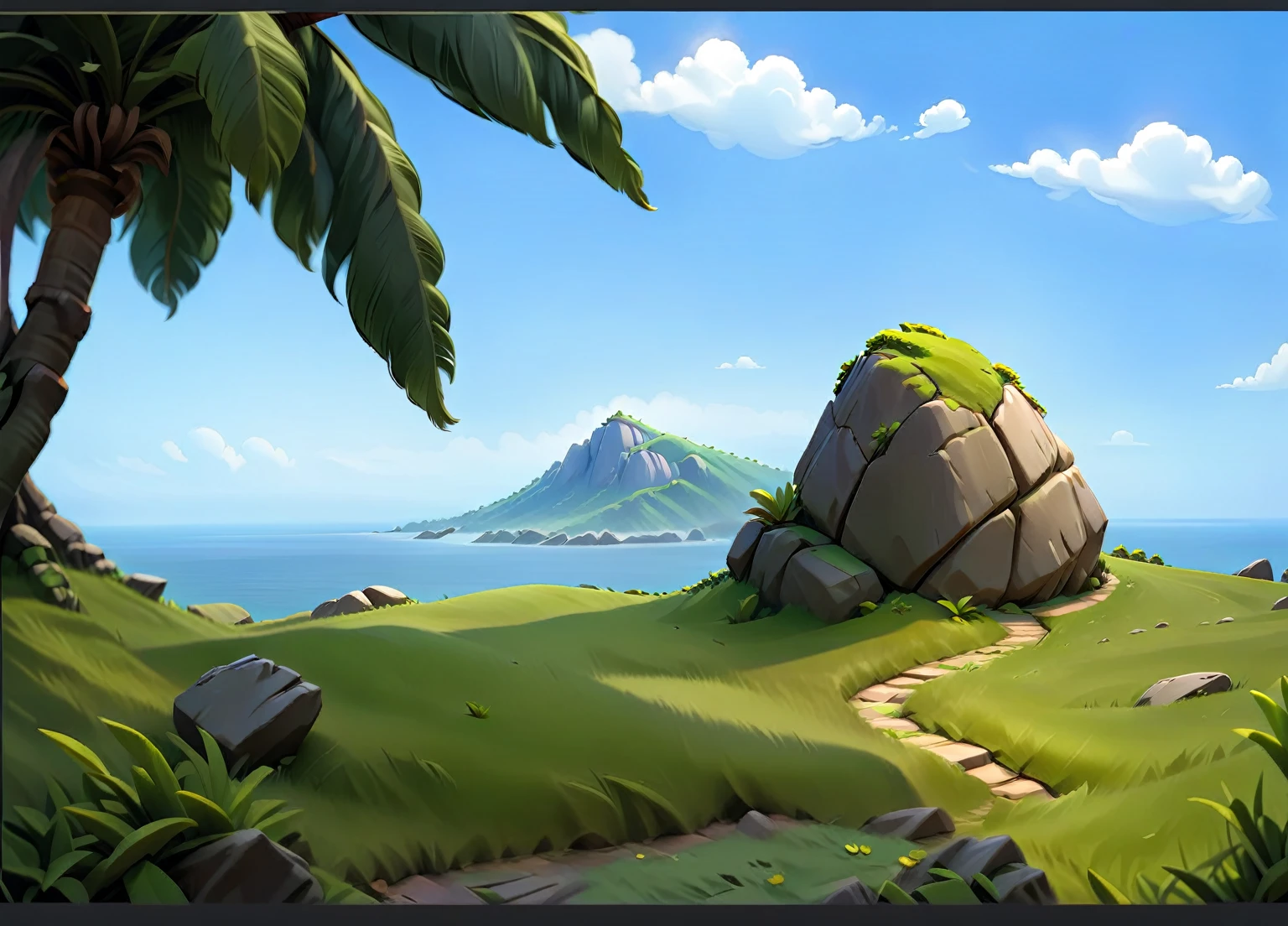 coconut tree,Stone Mountain,grassland,cliff。Fantasy style.Concept Art, Pixar,, best quality,Clash Royale style
