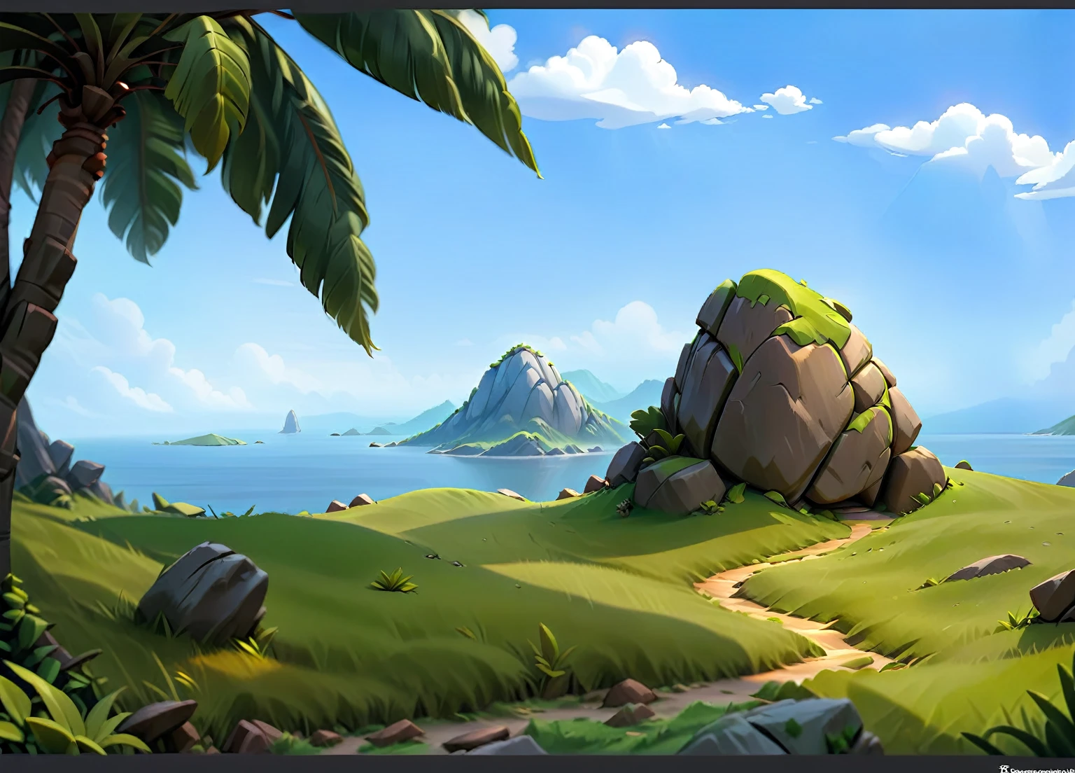 coconut tree,Stone Mountain,grassland,cliff。Fantasy style.Concept Art, Pixar,, best quality,Clash Royale style