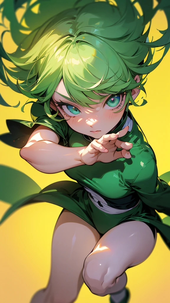 a beautiful anime girl with striking green eyes and short green hair, wearing a cute and colorful kids outfit, a detailed and accurate portrait of the character tatsumaki from one punch man, (best quality,4k,8k,highres,masterpiece:1.2),ultra-detailed,(realistic,photorealistic,photo-realistic:1.37),extremely detailed facial features, beautiful eyes, perfect skin, intricate hair, cute outfit, dynamic pose, outdoor background, sunlight lighting, vibrant colors, highly detailed, anime style, digital painting