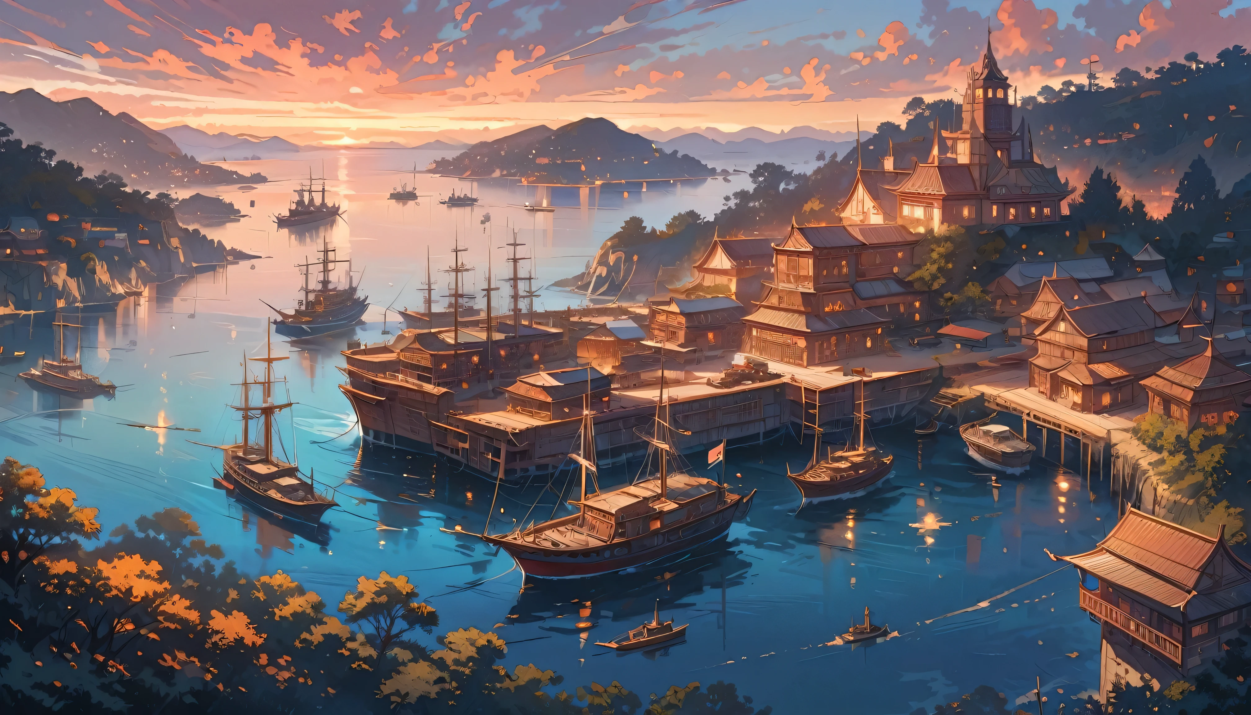 “It represents the British Colonization in Australia at dawn. The landscape shows the coast of Sydney in 1788: a wide bay with calm waters, small boats docked near the shore and hills covered with vegetation in the background. Use warm tones (Golden, oranges and pinks) for heaven. The style must be realistic, with sharp details on the boats, wooden structures and British settlers. Adds a soft glow around the rising sun and reflections in the water.”