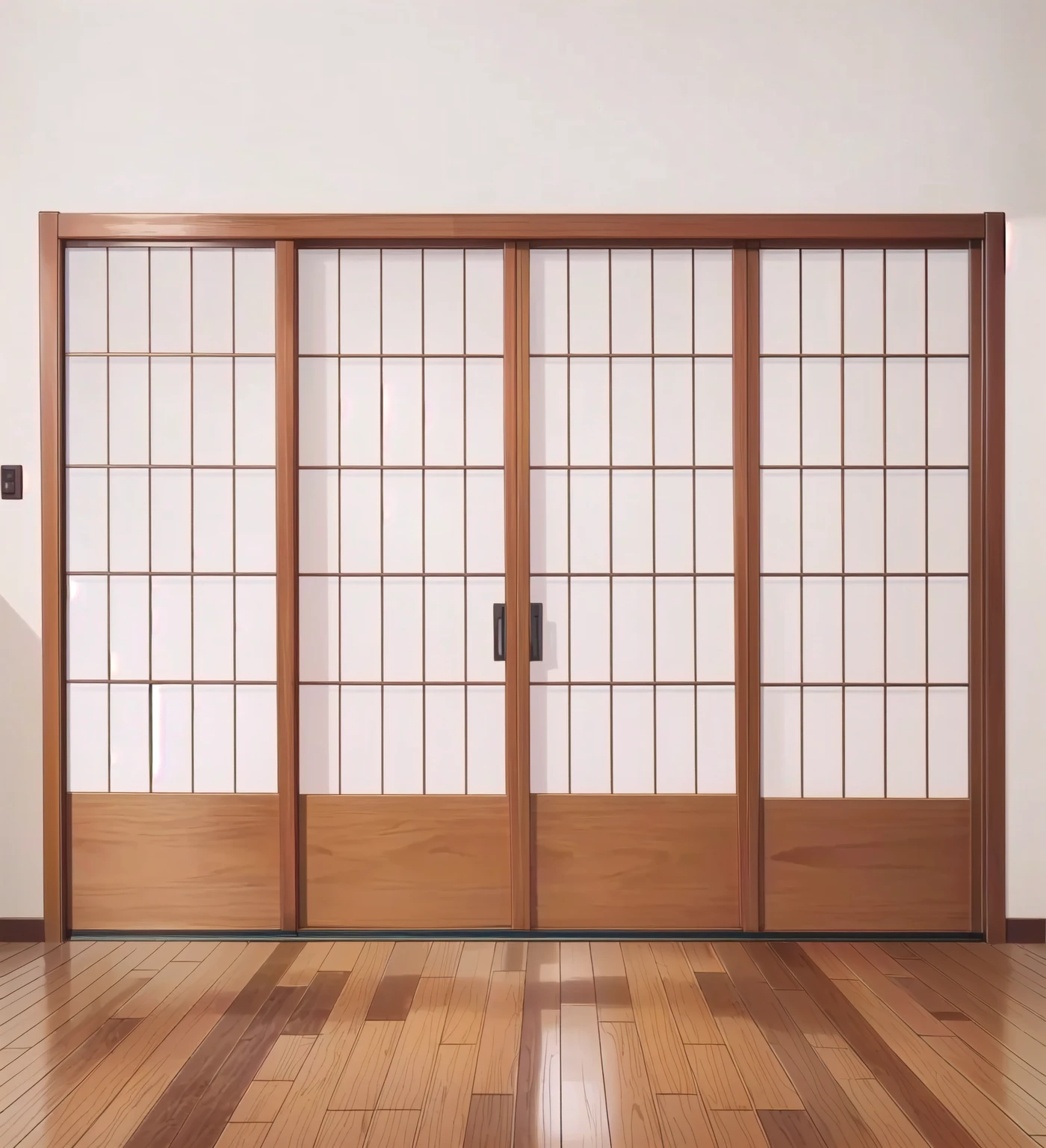There is a room with sliding doors and wooden floors, Anime style, clear glass wall, Wooden wall, Japanese Collectibles, Traditional Japanese, with clear glass, Japanese style, edo style, Japanese design, Inspired by Ogata Korin, Doors and Windows, Large Windows, glass wall, Japanese Houses, In an apartment in Japan