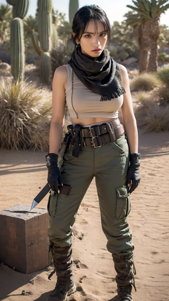 SEXY TOP, gloves, serious face, black cargo pants, combat knife, desert scarf, scarf covering mouth, desert oasis, extremely detailed eyes, extremely detailed face, best quality, extremely detailed, ultra-detailed, (realistic, photo-realistic:1.3)