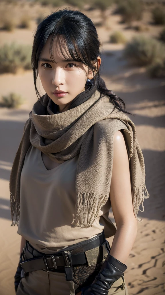 SEXY TOP, gloves, serious face, black cargo pants, combat knife, desert scarf, scarf covering mouth, desert oasis, extremely detailed eyes, extremely detailed face, best quality, extremely detailed, ultra-detailed, (realistic, photo-realistic:1.3)