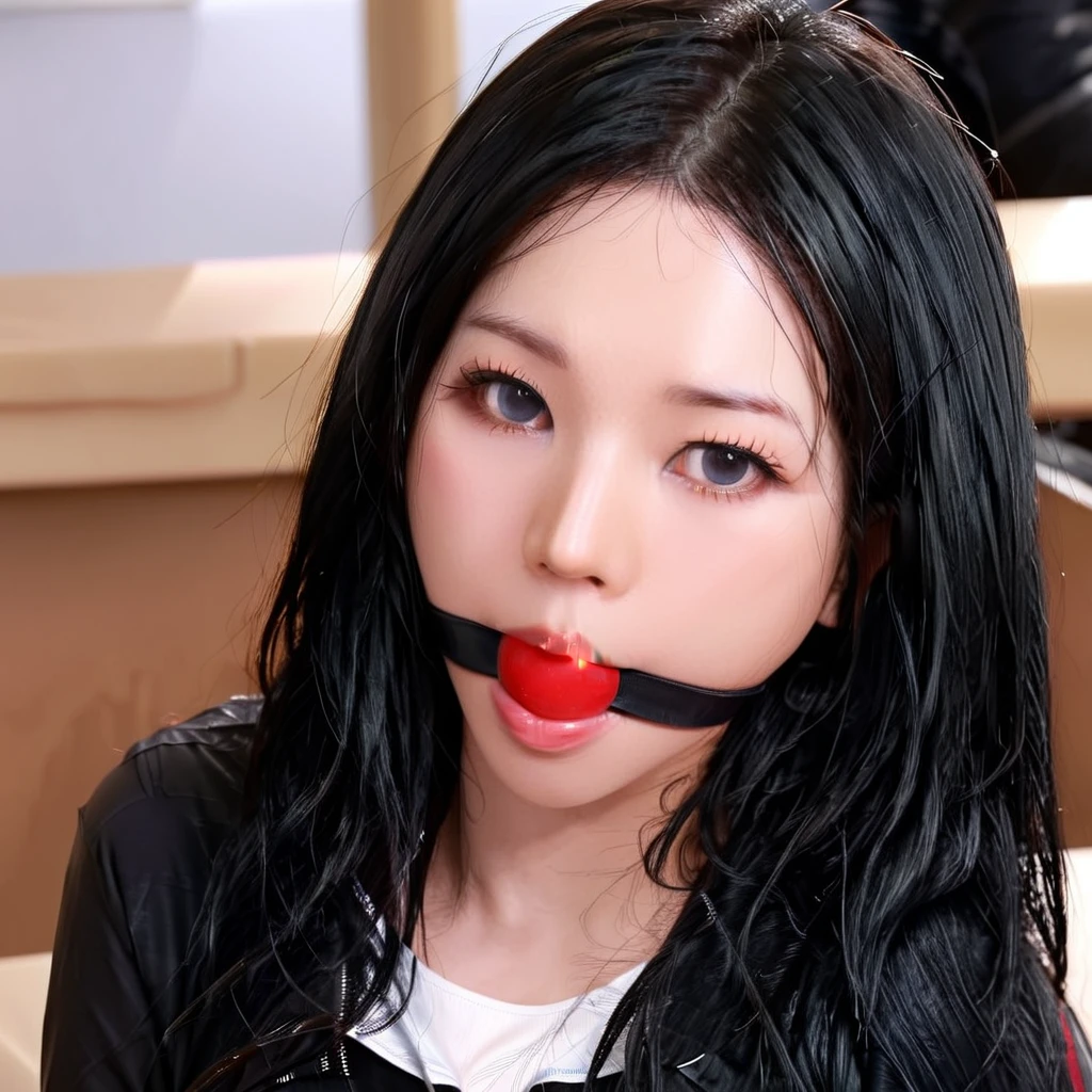 High resolution,Highest quality,krnpp photos, Long black hair , detailed, Complex, 8K,red gag,