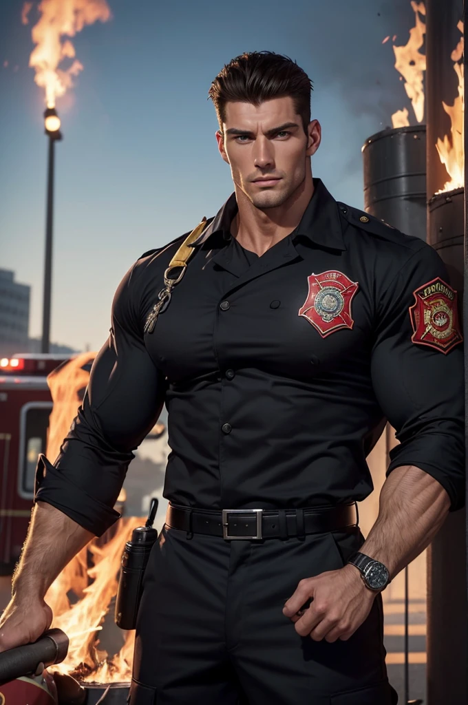 A (((tall, extremely muscular and very handsome 28-year-old Caucasian man))) dressed in a (((firefighter uniform))), standing confidently in front of a (((fire station))), with a (((strong, defined torso and very large biceps))), a (((short, black and slightly messy hair))), and a (((sophisticatedly detailed, realistic, and intricate uniform))) that complements his (extremely muscular physique), exuding a sense of confidence and authority