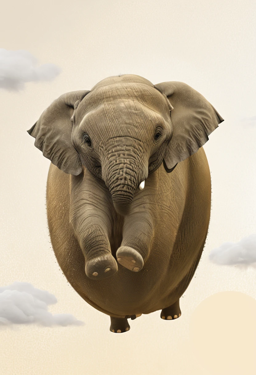 round animal, cg render, fat elefant shaped sphere, (((textured grey elephant skin))), flying in the sky  