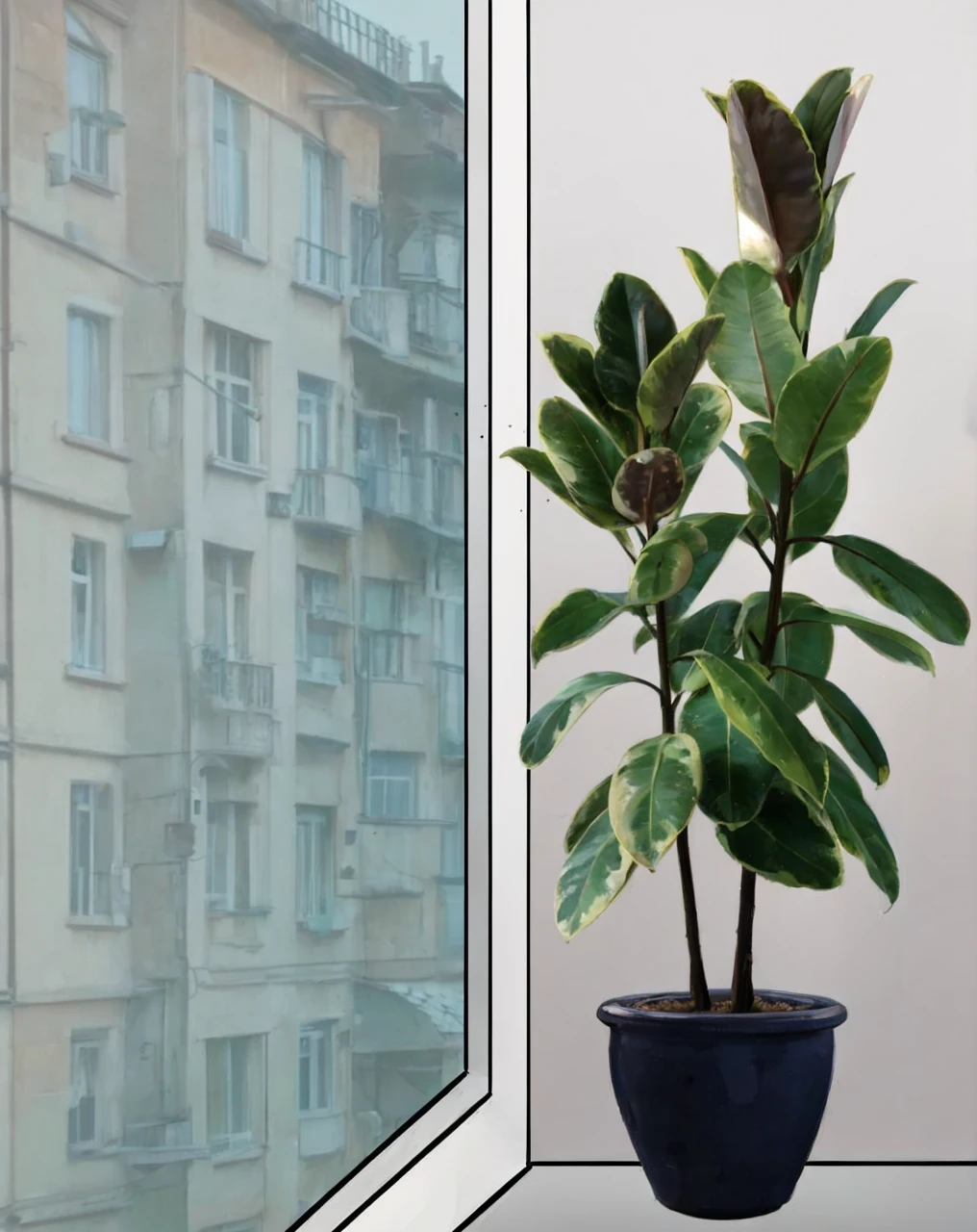 Posillnik, window, через window видно здание квартир, peas with extension on the windowsill