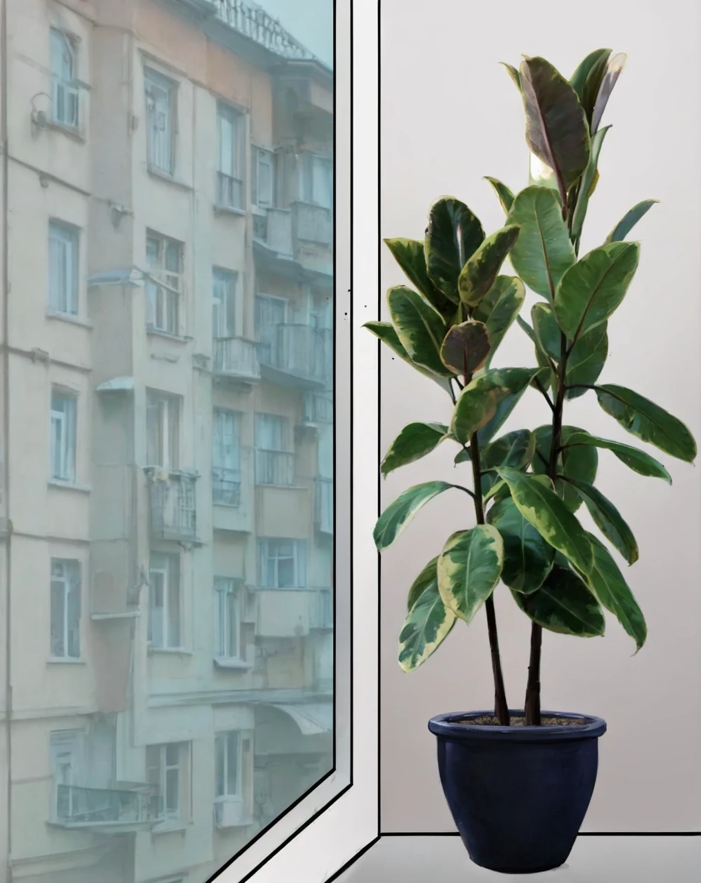 Posillnik, window, через window видно здание квартир, peas with extension on the windowsill