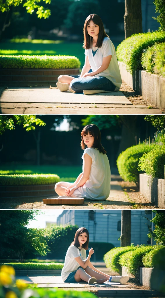 Mix 4, 20 days, alone, length_hair, Nanase Nishino, Haruka Kaki, garden, bench, sit down, (8K, Raw photo, Highest quality, masterpiece:1.2), (Realistic, Realistic: 1.37), Professional Lighting, Photon Mapping, Radio City, Physically Based Rendering