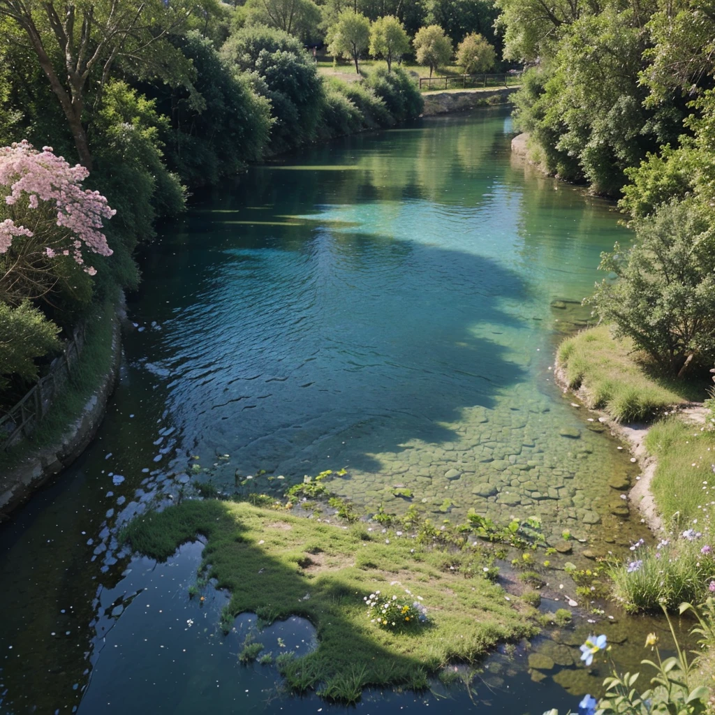 Significant blue sky over of Horizontal view of the small river under the village, some flowers around