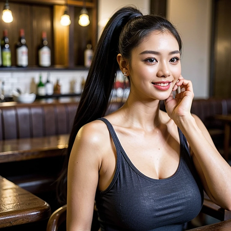 (super High Ponytail),forehead,realistic,sfw,beautiful thai woman,smile, tank top,huge breast:1.3,London pub,extreme wide shot,slim waist,beautiful skin,
