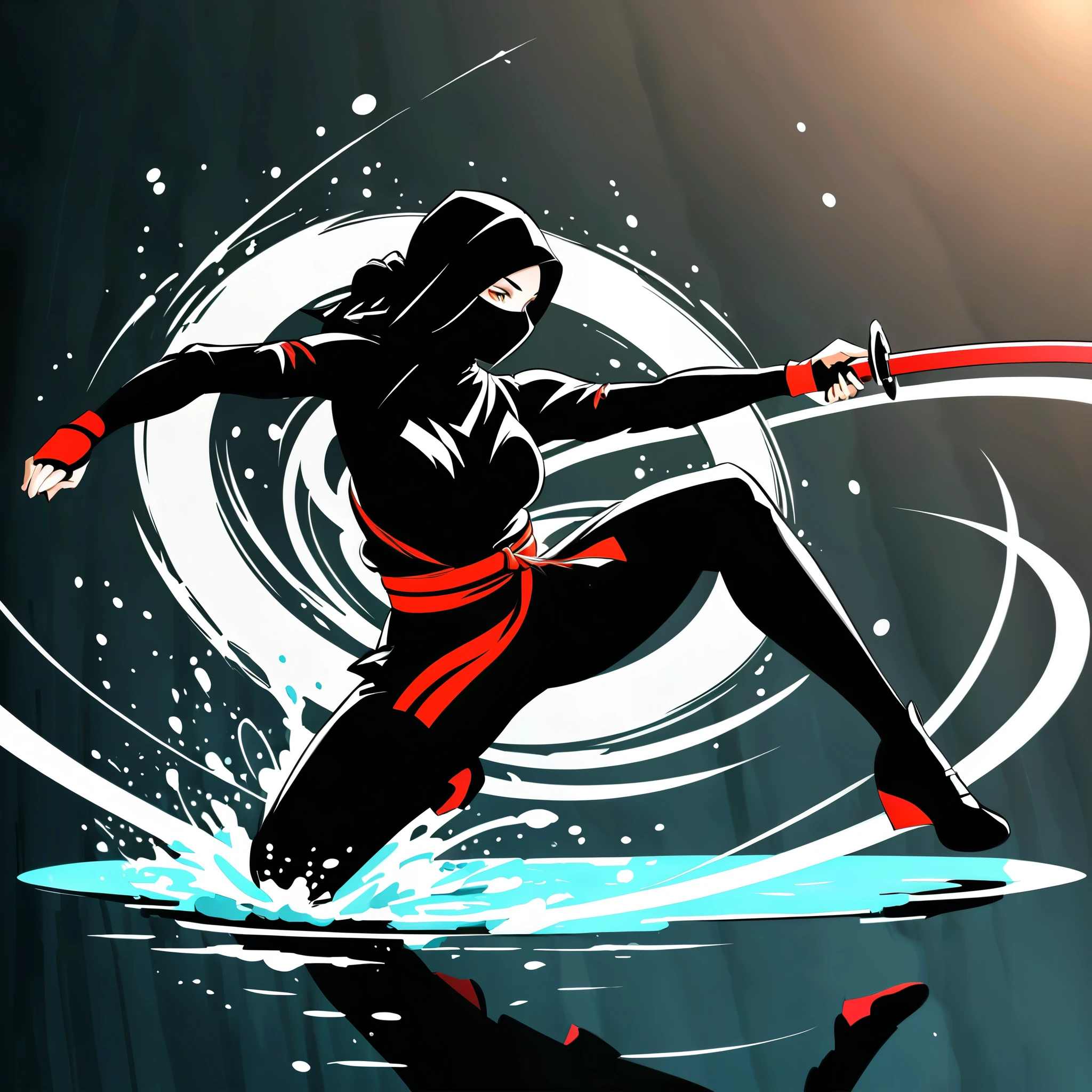 in style of Benedick Bana, 1girl,Rotating feet,Katana in hand,Ninja Costumes,Ninja Girl,Kick,Taekwondo moves,The feet draw an elegant circular arc in the air,Water splashes on the edge of a circular arc,Show the power of this kick,With a sense of speed,(Speed Lines,Motion Blur:1.8)