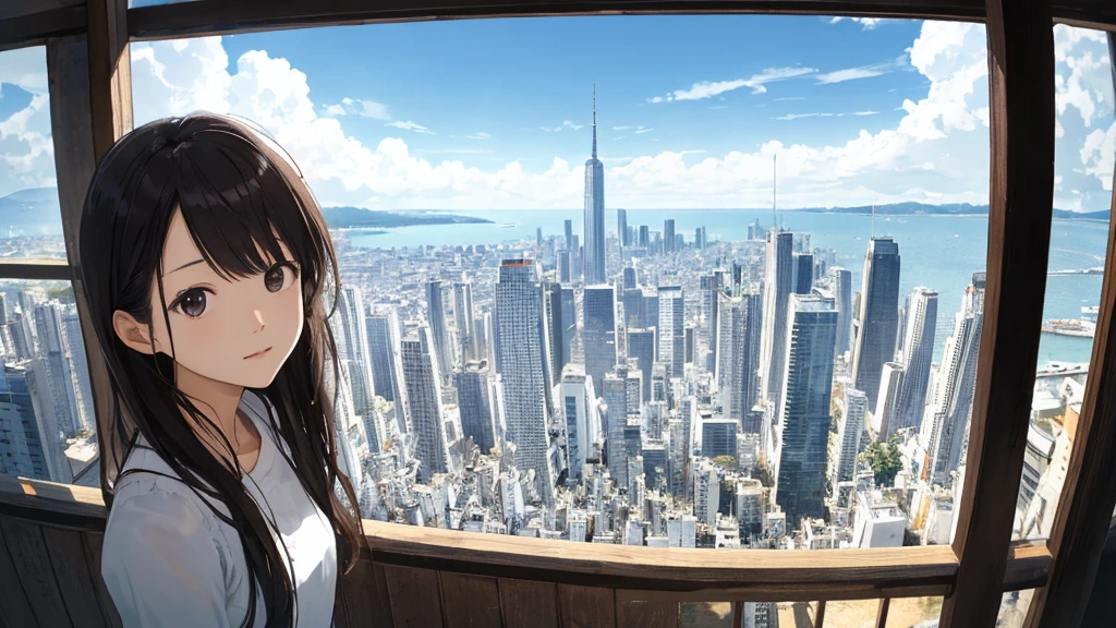 Shiraishi Mei, Looks exactly like Shiraishi Mei,Oceanの方を向いている後ろ姿、Woman looking up at the sky ,Long Hair, Dark brown hair, 2 girls, 18-year-old, photograph, Realistic, Highest quality, Detailed face, The background is the cityscape of Japan、Heights、Strong sunlight, Ocean, Embankment, Detailed Background, Diffused sunlight, Written boundary depth, Bokeh (Highest quality: 1.2), (masterpiece: 1.2), Watch Viewer, one piece, White Theme, ,Vision、(((Panorama:1.2)))