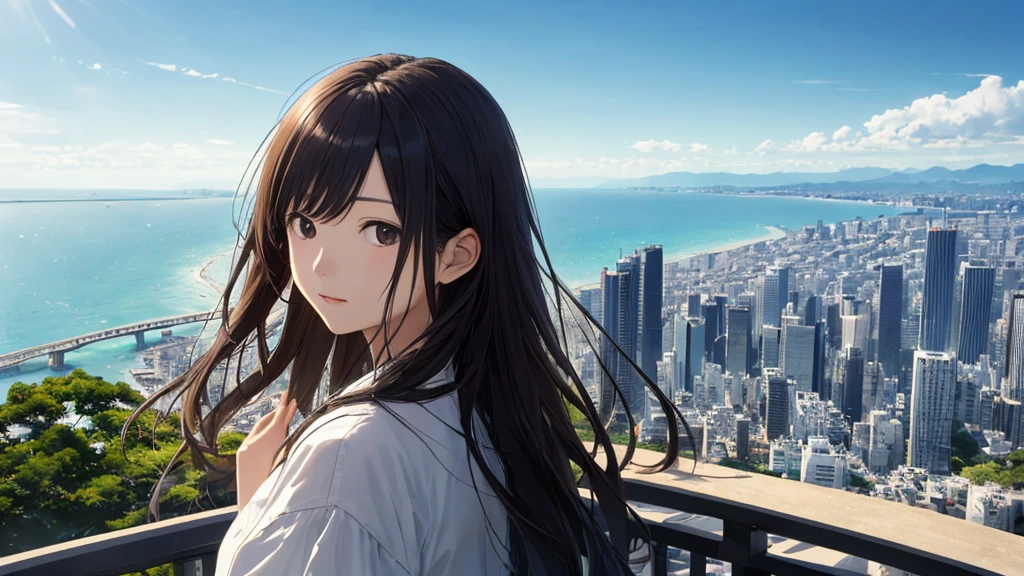 Shiraishi Mei, Looks exactly like Shiraishi Mei,Oceanの方を向いている後ろ姿、Woman looking up at the sky ,Long Hair, Dark brown hair, 2 girls, 18-year-old, photograph, Realistic, Highest quality, Detailed face, The background is the cityscape of Japan、Heights、Strong sunlight, Ocean, Embankment, Detailed Background, Diffused sunlight, Written boundary depth, Bokeh (Highest quality: 1.2), (masterpiece: 1.2), Watch Viewer, one piece, White Theme, ,Vision、(((Panorama:1.2)))