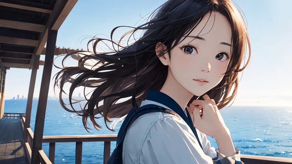 Shiraishi Mei, Looks exactly like Shiraishi Mei,Oceanの方を向いている後ろ姿、Woman looking up at the sky ,Long Hair, Dark brown hair, 2 girls, 18-year-old, photograph, Realistic, Highest quality, Detailed face, The background is the cityscape of Japan、Heights、Strong sunlight, Ocean, Embankment, Detailed Background, Diffused sunlight, Written boundary depth, Bokeh (Highest quality: 1.2), (masterpiece: 1.2), Watch Viewer, one piece, White Theme, ,Vision、(((Panorama:1.2)))