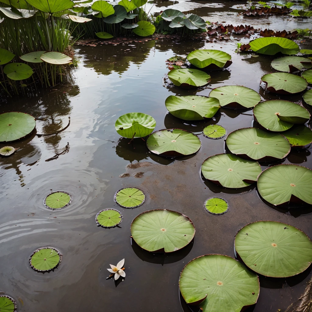 An mud a lotus with leaf and water around lotus and in sky fly swan and birds and trees and grass side on ocean 
