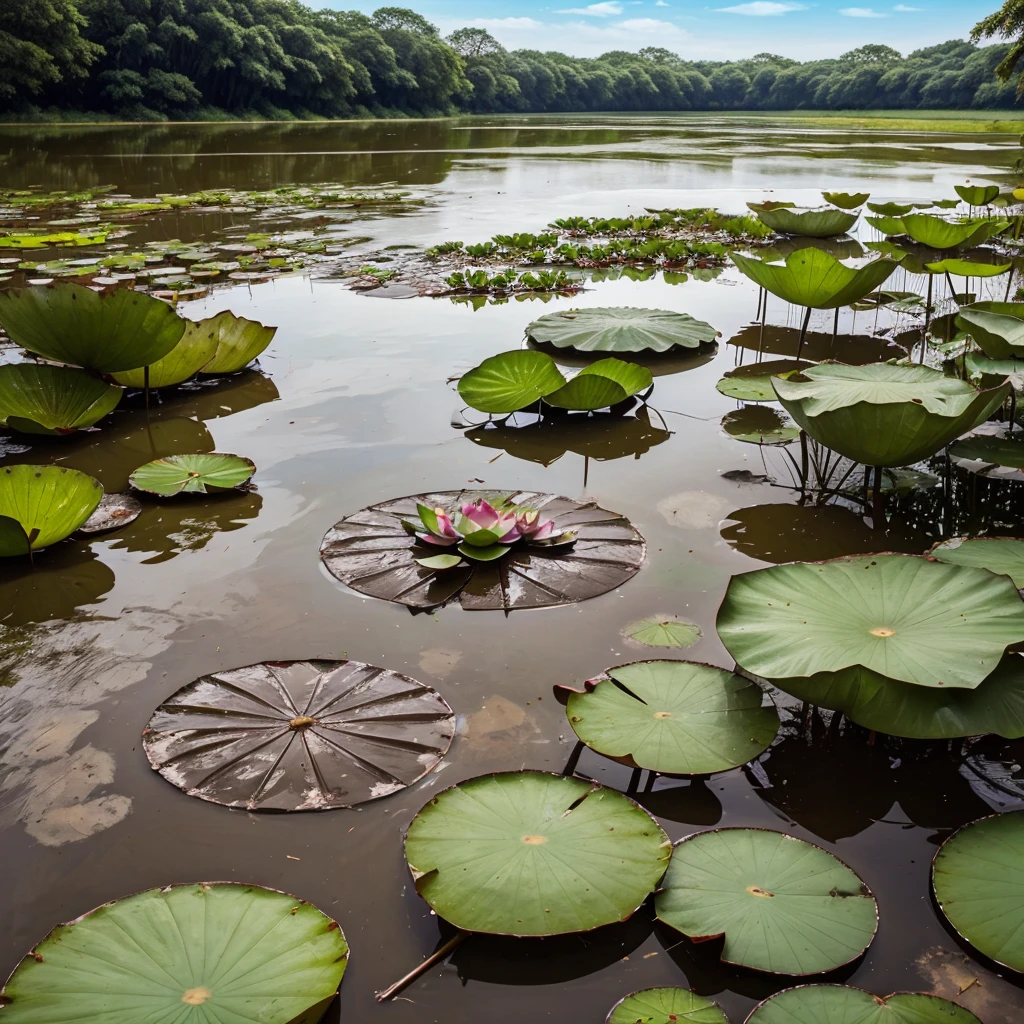 An mud a lotus with leaf and water around lotus and in sky fly swan and birds and trees and grass side on ocean