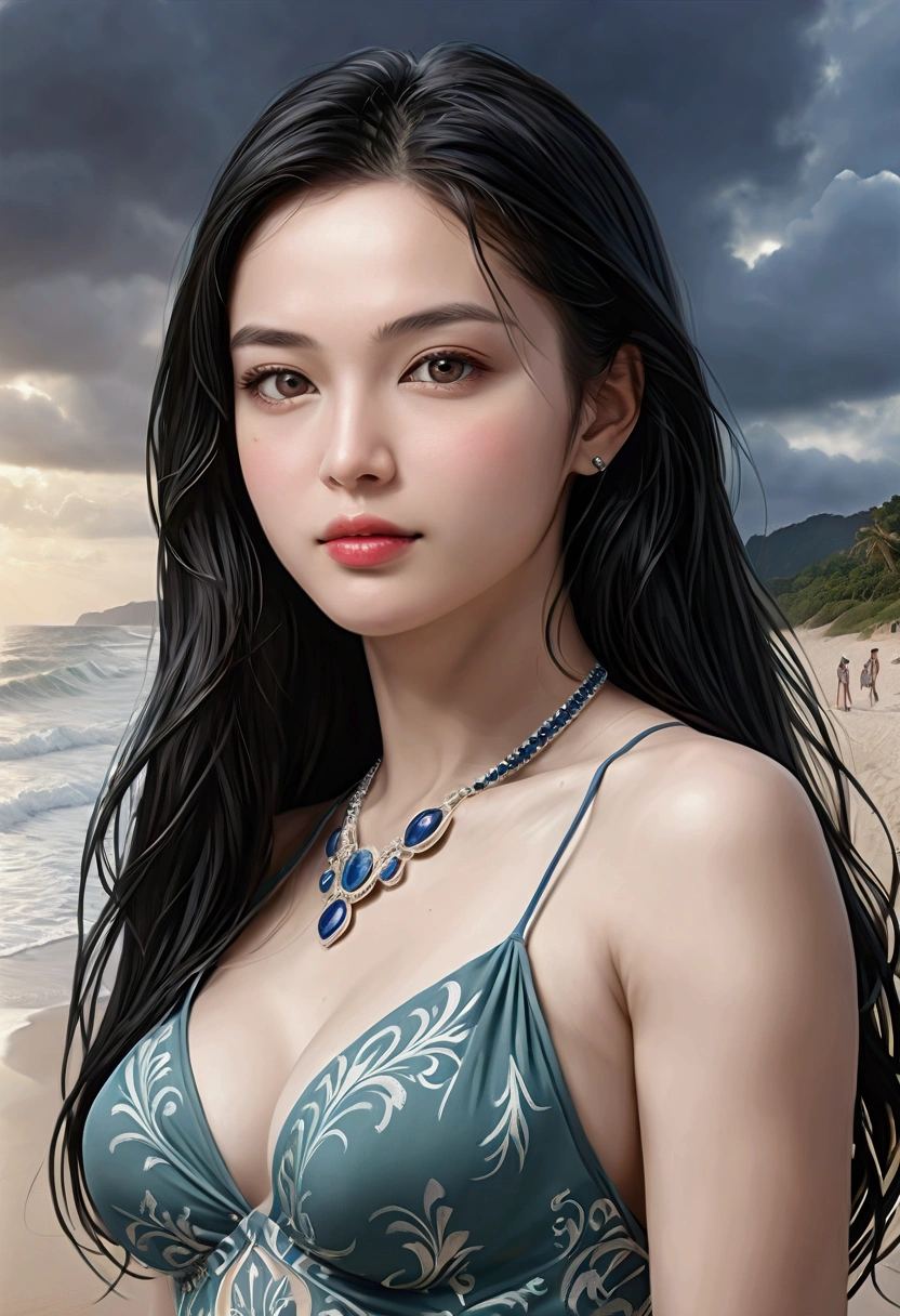 ((Masterpieces with up to 16K resolution:1.6)),Highest quality,it is really amazing,Very detailed,Ultra-high resolution,(Real:1.5),(Realistic:1.5),Increased depth of field,Cinematic Light,
Elegant mature woman,
Long black hair,(Exquisitely detailed face:1.5),Face with a gentle expression,Translucent white skin,Very sensitive skin,Great proportions,Anatomically correct body,
Sexy bikini swimwear,Artistic design,Beautiful and detailed pattern,Detailed fabric texture,Gorgeous necklace,
Coastal landscape at dusk,Dark clouds and dark sky,delay々Continuing sandy beach, Deserted Beach,Dark sea surface,
(Dramatic Angle:1.6),