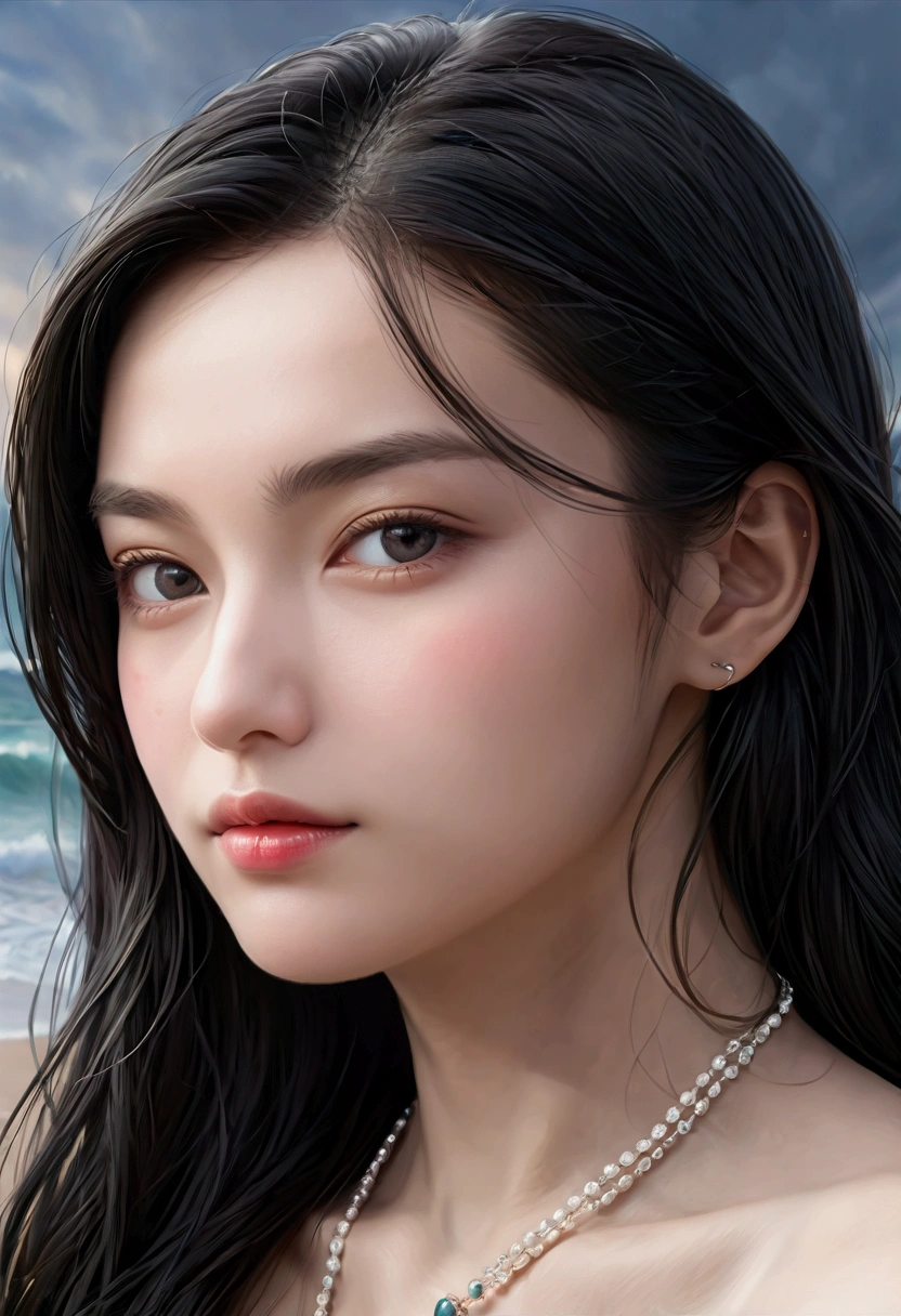 ((Masterpieces with up to 16K resolution:1.6)),Highest quality,it is really amazing,Very detailed,Ultra-high resolution,(Real:1.5),(Realistic:1.5),Increased depth of field,Cinematic Light,
Elegant mature woman,
Long black hair,(Exquisitely detailed face:1.5),Face with a gentle expression,Translucent white skin,Very sensitive skin,Great proportions,Anatomically correct body,
Sexy bikini swimwear,Artistic design,Beautiful and detailed pattern,Detailed fabric texture,Gorgeous necklace,
Coastal landscape at dusk,Dark clouds and dark sky,delay々Continuing sandy beach, Deserted Beach,Dark sea surface,
(Dramatic Angle:1.6),