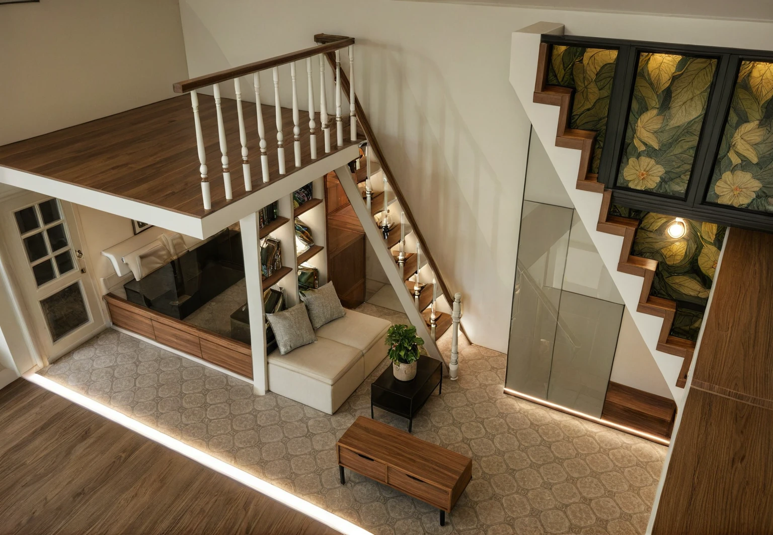 Raw photo, Masterpiece, high quality, best quality, authentic, super detail, interior, indoors, style modern, minimalist line, wooden, dark walnut wood, LED light, white paint wall, LIVING ROOM, PEN HOUSE, wooden window, japan style, wasabi style, Jen style, steel stair, glass railing, paint wall decor, bookshelf, livingroom, Indochine style,