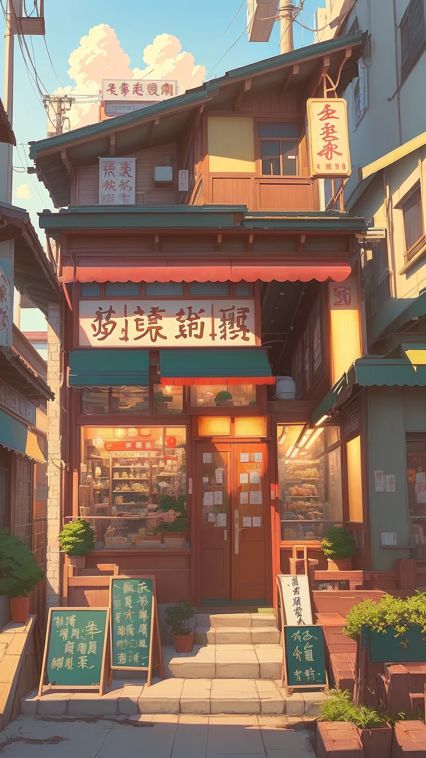 Anime style illustration of a small Chinese restaurant，There is a sign on iays &quot;Live a Wonderful Life&quot;, Anime Background art, High-detail storage, Cozy cafe background, Detailed scenery —width 672, commend artstyle, commend, Anime Background, Makoto Shinkai&#39;s style, in Makoto Shinkai&#39;s style, Convenience store, mysterious coffee shop girl, author：Yang J