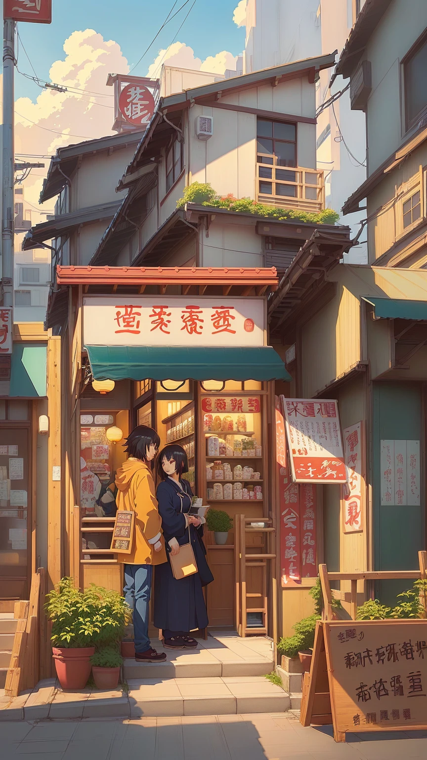 Anime style illustration of a small Chinese restaurant,There is a sign on iays "Live a Wonderful Life", Anime Background art, High-detail storage, Cozy cafe background, Detailed scenery —width 672, commend artstyle, commend, Anime Background, Makoto Shinkai's style, in Makoto Shinkai's style, Convenience store, mysterious coffee shop girl, author:Yang J