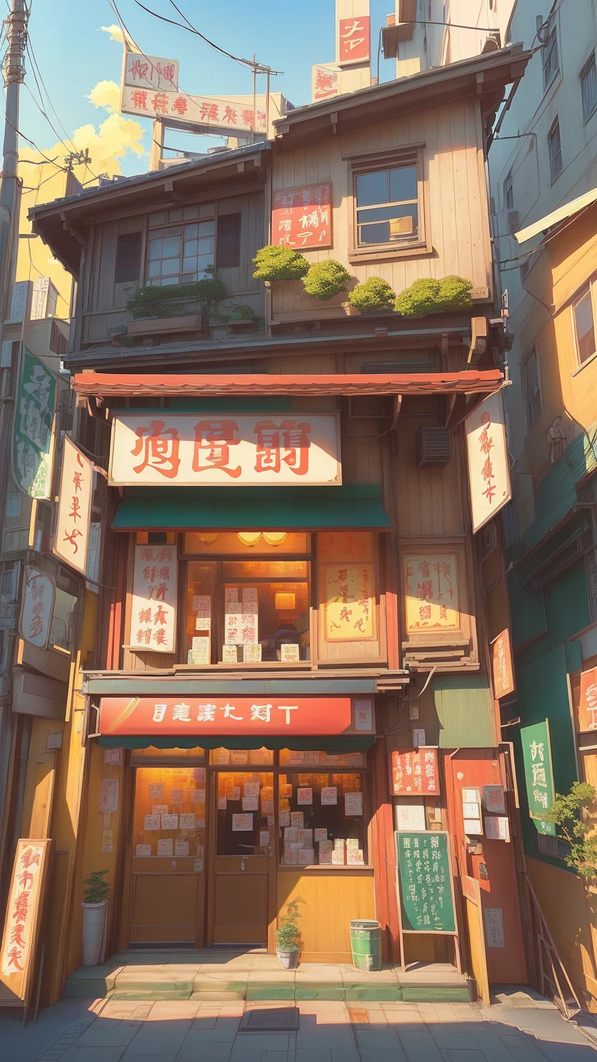 Anime style illustration of a small Chinese restaurant,There is a sign on iays "Live a Wonderful Life", Anime Background art, High-detail storage, Cozy cafe background, Detailed scenery —width 672, commend artstyle, commend, Anime Background, Makoto Shinkai's style, in Makoto Shinkai's style, Convenience store, mysterious coffee shop girl, author:Yang J