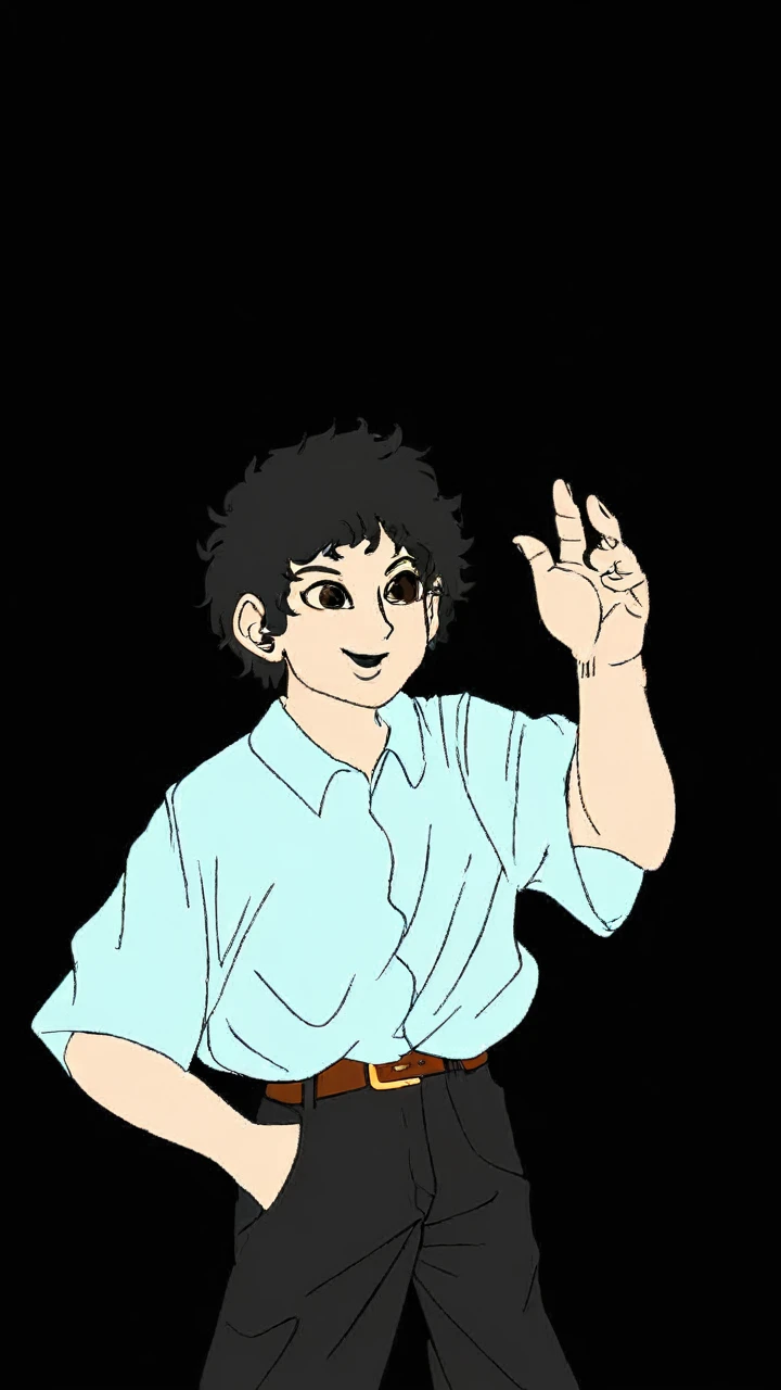 3d model a man stand up with left hand raise and other hand in the pocket, curly hair, open smile mouth, 22 years old looking man