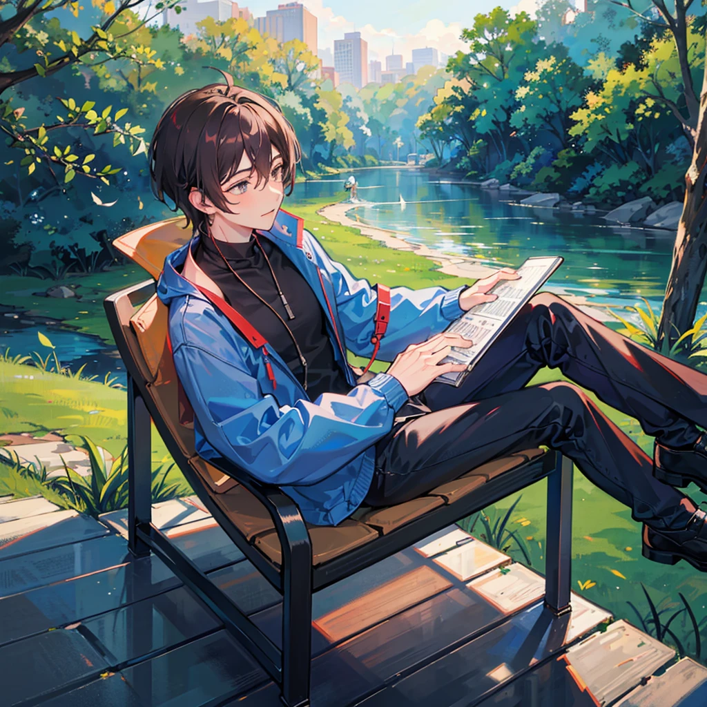 A man listens to music in the park,