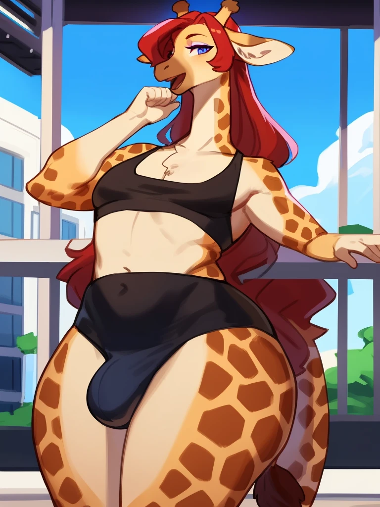Masterpiece, hi res, absurdres, Best Quality, detailed, 4K, 8K, detailed,HD, By bebebebebe, by wsache, by greasymojo, by inu-sama, solo,tall,detailed eyes, male,girly, androgynous, curvy,thick, makeup, giraffe anthro,giraffe, red hair,long hair, long neck, Open mouth, oversized black camisole, panties,curvy, Big ass, dense tuft of fur above genitalia,dense tuft of fur on chest, better eyes, detailed eyes,detailed hands,bulge, bulging crotch 