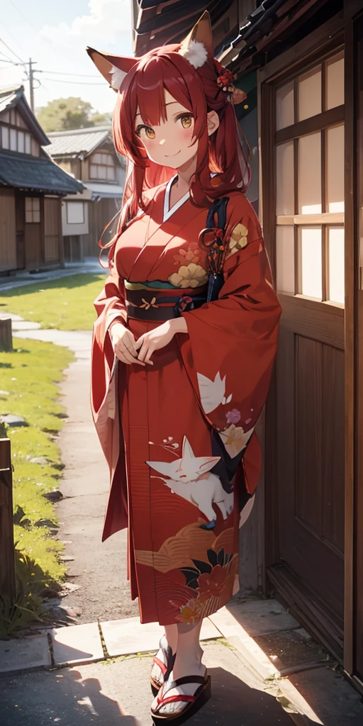 1girl with long ((!red hair))), amber eyes, fox ears, slender body, fox tail, ((red kimono)), sandals, Japanese cottage on background, evening, POV, smiling,face to camera, cottage door on background