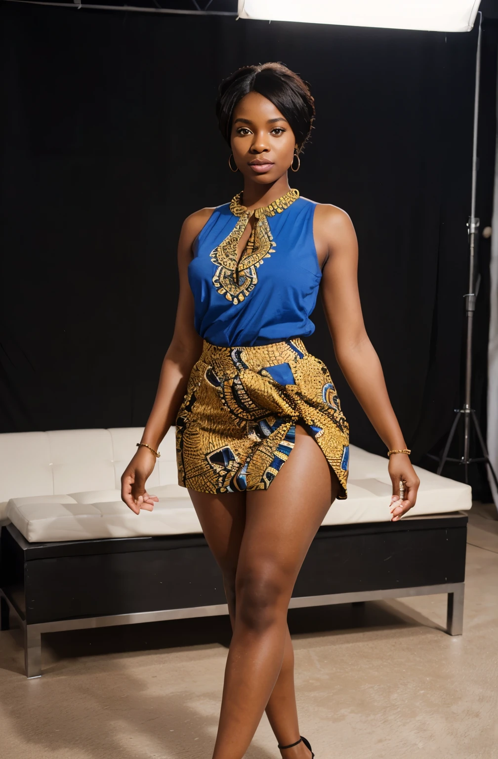 Create a realistic depiction of an African lady who is smartly dressed in modern clothes that are chic, flirty, sexy and respectable . Her outfit should prominently feature Ankara skirt blue in colour. She should have a very very thick build and appear realistic." She should be standing perfect posture, her legs criss crossed in a photo studio posing confidently for the camera. She should be 23 years old.