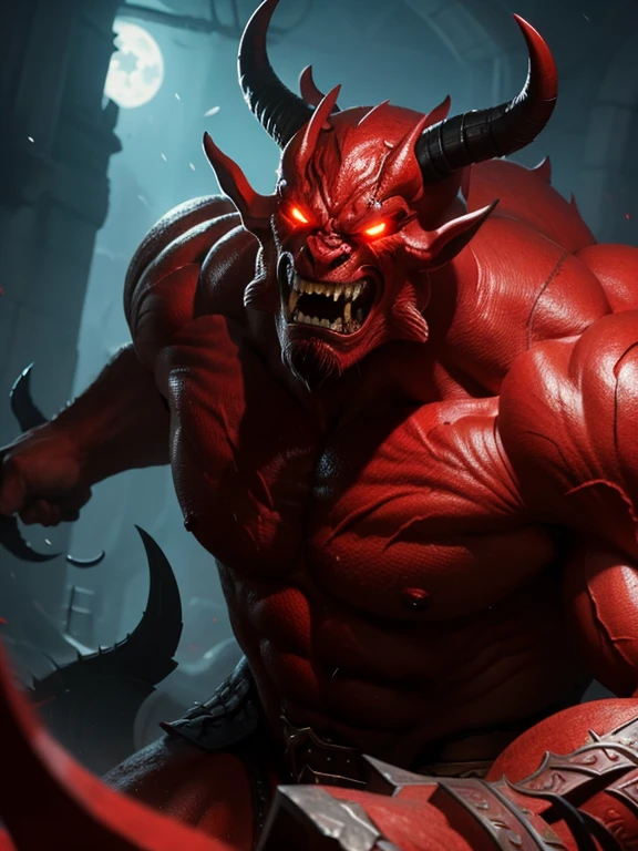 “a massive, muscular red demon with horns and sharp fangs, golden eyes, a hulking and intimidating figure, highly detailed, digital painting, concept art, fantasy art”