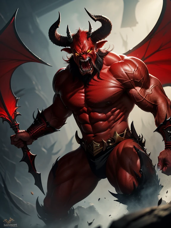 “a massive, muscular red demon with horns and sharp fangs, golden eyes, a hulking and intimidating figure, highly detailed, digital painting, concept art, fantasy art”