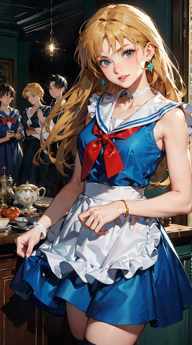 masterpiece, Highest quality, Portraiture, One Girl, (Alice in Wonderland:1.2), anime,Blue clothes, White apron, Blonde, blue eyes, Usagi, Trump, Tea cup, White lace thigh high socks, Miniskirt lift, Dynamic pose,Electro SwingThe main character is Usagi Tsukino, a clumsy and seemingly ordinary teenage girl who discovers that she is the reincarnation of Sailor Moon, the legendary warrior of love and justice. Usagi is joined by other Sailor Guardians, including Sailor Mercury, Sailor Mars, Sailor Jupiter, and Sailor Venus, each of whom possesses unique powers and abilities. Together, they fight evil forces, protect the world from various threats, and search for the Moon Princess. cybermisty, blonde hair, make up, green eyes, choker, jewellery, wearing a purple sweater, ripped jeans, pants, looking at viewer, serious, smiling,
standing, arms crossed, inside a pawn shop, counter, soft lighting, extreme detail, masterpiece, 　girl, sweat, medium breast, shy, detailed hand, looking at viewer, lips apart, dynamic shadows