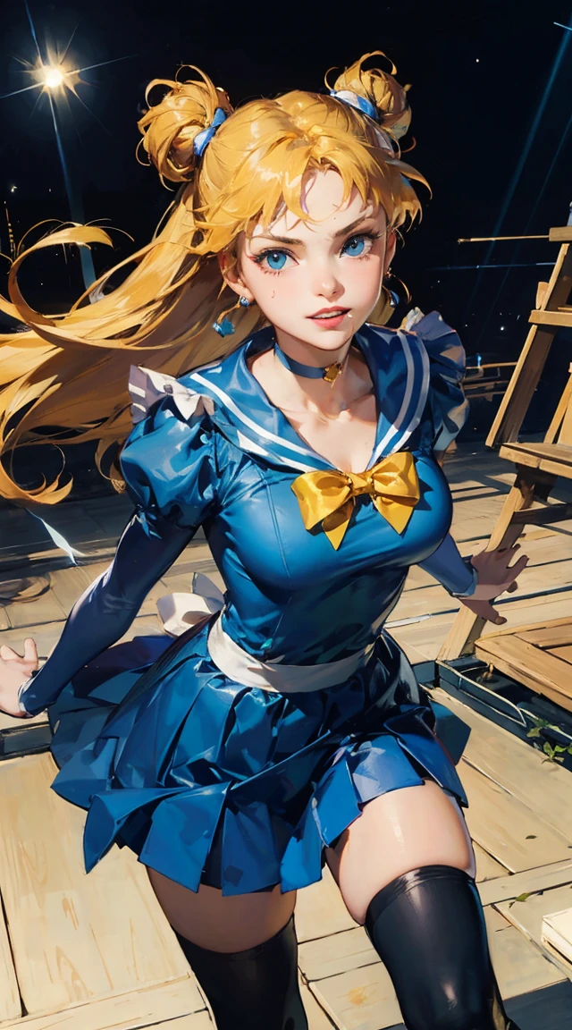 masterpiece, Highest quality, Portraiture, One Girl, (Alice in Wonderland:1.2), anime,Blue clothes, White apron, Blonde, blue eyes, Usagi, Trump, Tea cup, White lace thigh high socks, Miniskirt lift, Dynamic pose,Electro SwingThe main character is Usagi Tsukino, a clumsy and seemingly ordinary teenage girl who discovers that she is the reincarnation of Sailor Moon, the legendary warrior of love and justice. Usagi is joined by other Sailor Guardians, including Sailor Mercury, Sailor Mars, Sailor Jupiter, and Sailor Venus, each of whom possesses unique powers and abilities. Together, they fight evil forces, protect the world from various threats, and search for the Moon Princess. cybermisty, blonde hair, make up, green eyes, choker, jewellery, wearing a purple sweater, ripped jeans, pants, looking at viewer, serious, smiling,
standing, arms crossed, inside a pawn shop, counter, soft lighting, extreme detail, masterpiece, 　girl, sweat, medium breast, shy, detailed hand, looking at viewer, lips apart, dynamic shadows