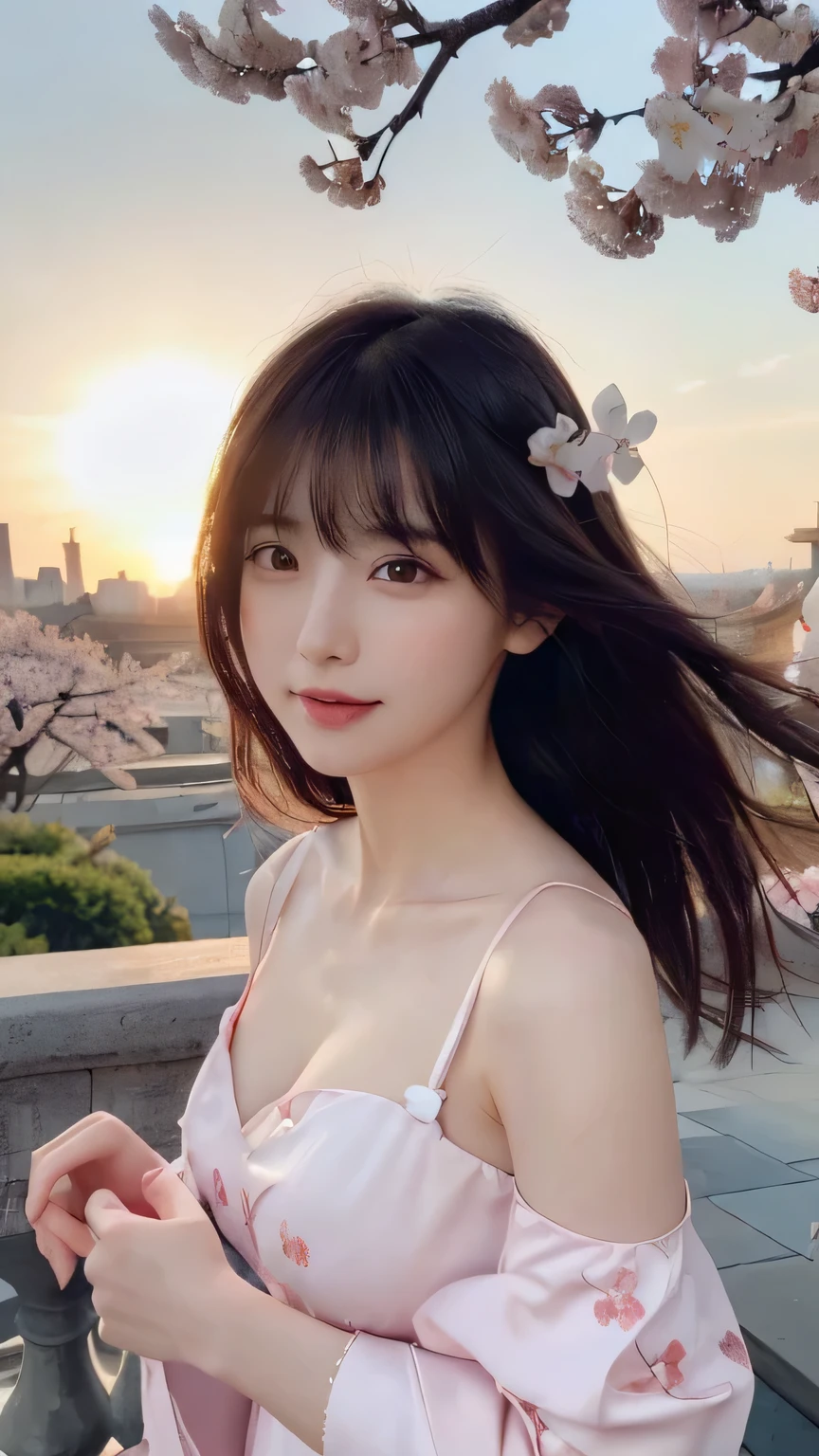 (logo、masterpiece、8K、table top、Raw photo、wonderful、最high quality、Photorealistic and very detailed CG integrated 8k wallpaper、high quality、very detailed、narrative poem、particle effects、dynamic effects、Depth of the bounds written、cinematic light、Lens flare、ray tracing)、fantasy、 (1 beautiful woman、dress、dress、cherry blossom pattern、black haired、beautiful face、real face、beautiful details eyes beautiful skin)、my hair dances in Wind、Hair flutters in Wind、hair bounces、pink cherry tree、petals dance、SakuraFubuki、Spectacular view、sunrise、sun on background、Wind、