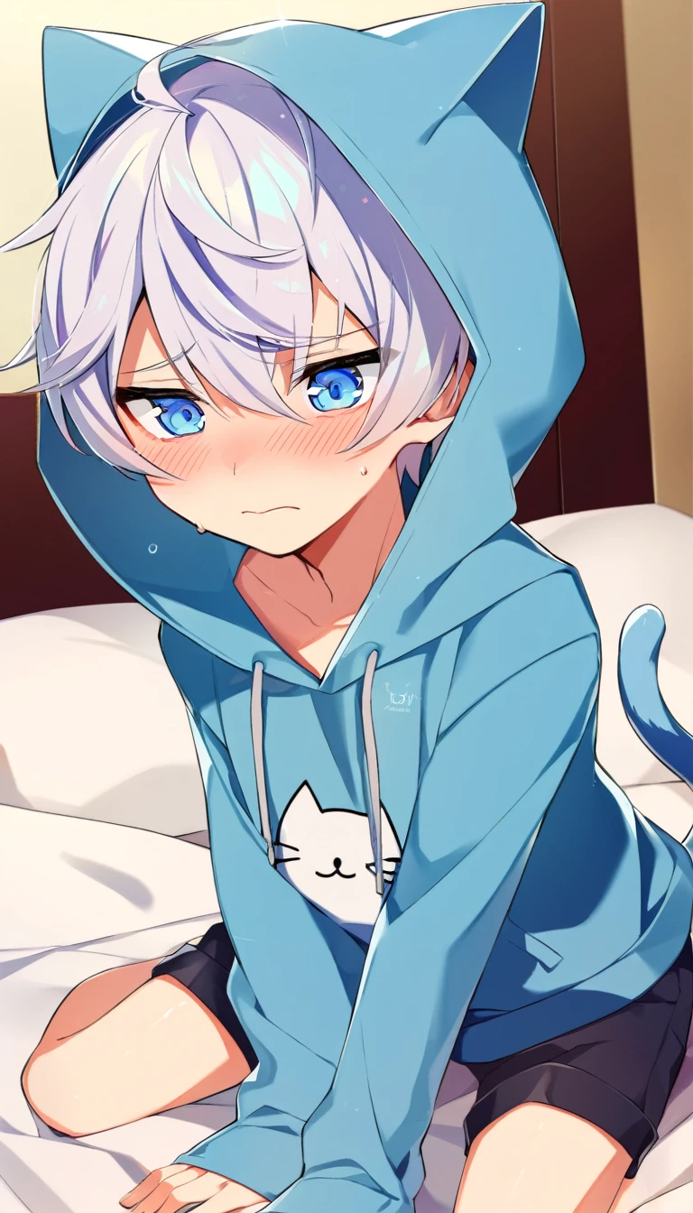 oe boy, cat hoodie, cute, cool, lovely, naive, short pants, handsome, shota, light blue eyes, cowboy shota, blush, shy, embarrassed, stare at me, androgynous, wariza on bed