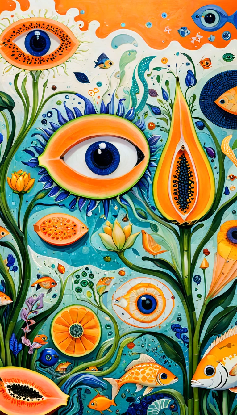 Children's graffiti:Sliced Papaya、iris、fish、Tentacles、bird、Eye、diatom,Abstract mosaic painting,Describing the inner world of autistic people,Sense of space,White Space,interesting,Innocence,Psychedelic Art,Orange overall