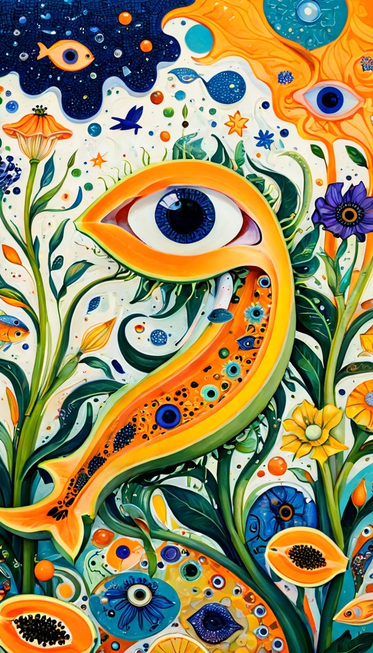Children's graffiti:Sliced Papaya、iris、fish、Tentacles、bird、Eye、diatom,Abstract mosaic painting,Describing the inner world of autistic people,Sense of space,White Space,interesting,Innocence,Psychedelic Art,Orange overall