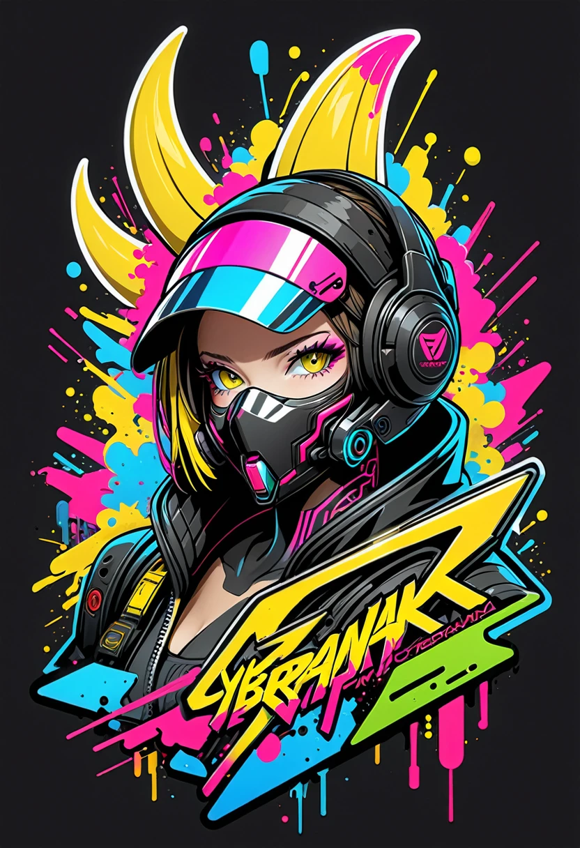 Create a sticker illustration of a cyberbanana inspired by the video game Cyberpunk 2077 with a 2D graffiti effect. The sticker should have no background, with only the cyberbanana shape and a prominent white outline around the edges. The peel of the cyberbanana should not be yellow but instead be replaced by the following Cyberpunk 2077 elements, all depicted in a graffiti style:
- A deep matte black base for the peel, symbolizing the dark streets of Night City.
- Blue neon circuit lines running across the cyberbanana's surface, resembling cybernetic implants, with a spray-paint texture.
- The "Samurai" logo near the tip of the cyberbanana , designed in a graffiti font and style.
- Stickers of in-game brands like Arasaka and Militech, and gang symbols like "The Moxes", all depicted with a street art aesthetic.
- Modernized tribal tattoo motifs and hacking icons in red and green neon, rendered with a graffiti effect.
- Sections with light effects mimicking the neon lights of Night City, with a pulsating spray-paint effect around the circuits.
- A small, metallic chrome-plated label near the base with the inscription "Cyber Choice" in a graffiti font.
Ensure the design is vibrant, edgy, and high-tech, with the stylized interior capturing the futuristic and dystopian ambiance of Cyberpunk 2077, all within the iconic shape of a cyberbanana .
