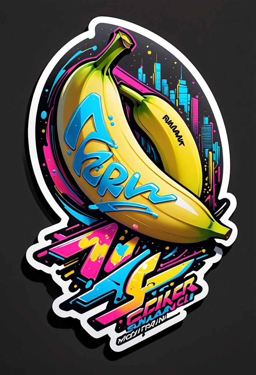 Create a sticker illustration of a banana inspired by the video game Cyberpunk 2077 with a 2D graffiti effect. The sticker should have no background, with only the banana shape and a prominent white outline around the edges. The peel of the banana should not be yellow but instead be replaced by the following Cyberpunk 2077 elements, all depicted in a graffiti style:
- A deep matte black base for the peel, symbolizing the dark streets of Night City.
- Blue neon circuit lines running across the banana’s surface, resembling cybernetic implants, with a spray-paint texture.
- The "Samurai" logo near the tip of the banana, designed in a graffiti font and style.
- Stickers of in-game brands like Arasaka and Militech, and gang symbols like "The Moxes", all depicted with a street art aesthetic.
- Modernized tribal tattoo motifs and hacking icons in red and green neon, rendered with a graffiti effect.
- Sections with light effects mimicking the neon lights of Night City, with a pulsating spray-paint effect around the circuits.
- A small, metallic chrome-plated label near the base with the inscription "Cyber Choice" in a graffiti font.
Ensure the design is vibrant, edgy, and high-tech, with the stylized interior capturing the futuristic and dystopian ambiance of Cyberpunk 2077, all within the iconic shape of a banana.
