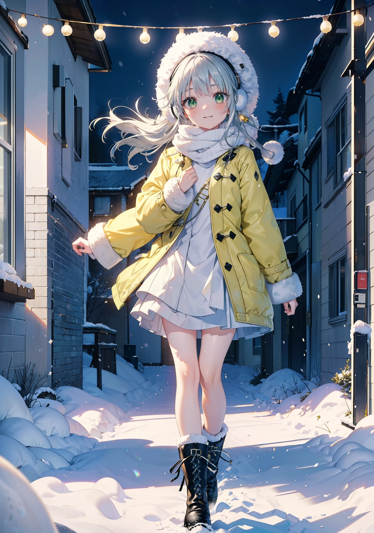 index, index, (Green Eyes:1.5), Silver Hair, Long Hair, (Flat Chest:1.2),happy smile, smile, Open your mouth,Knitted hat,Yellow long coat,White Tokkuri Sweater,Earmuffs,White scarf,Black long skirt,Black pantyhose,short boots,Walking,Snow is piled up,It&#39;s snowing,Snow Scene,Shirogane World,night,moonlight,Let the world enter your illustrations,
break looking at viewer, whole body,
break outdoors, Snow Country,Residential Street,
break (masterpiece:1.2), Highest quality, High resolution, unity 8k wallpaper, (figure:0.8), (Beautiful attention to detail:1.6), Highly detailed face, Perfect lighting, Highly detailed CG, (Perfect hands, Perfect Anatomy),