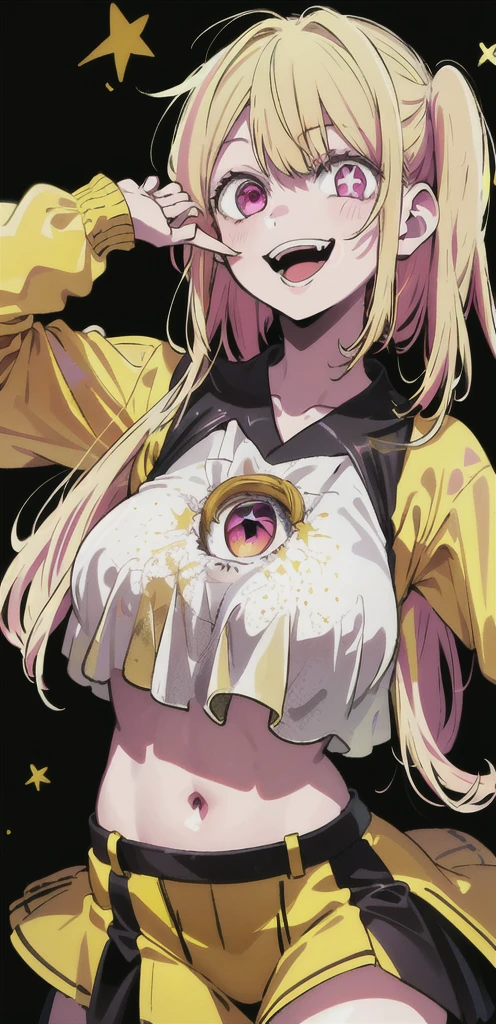 original character , 1girl, (crazy smile:1.2) ,  blonde hair , bangs , crazy eyes , hands on face , yellow blood splatter on face , yellow and black color scheme, open mouth, (wide-eyed:1.2), glowing eyes, left star shaped eye, star shaped eye,  pink eyes, pink eyes