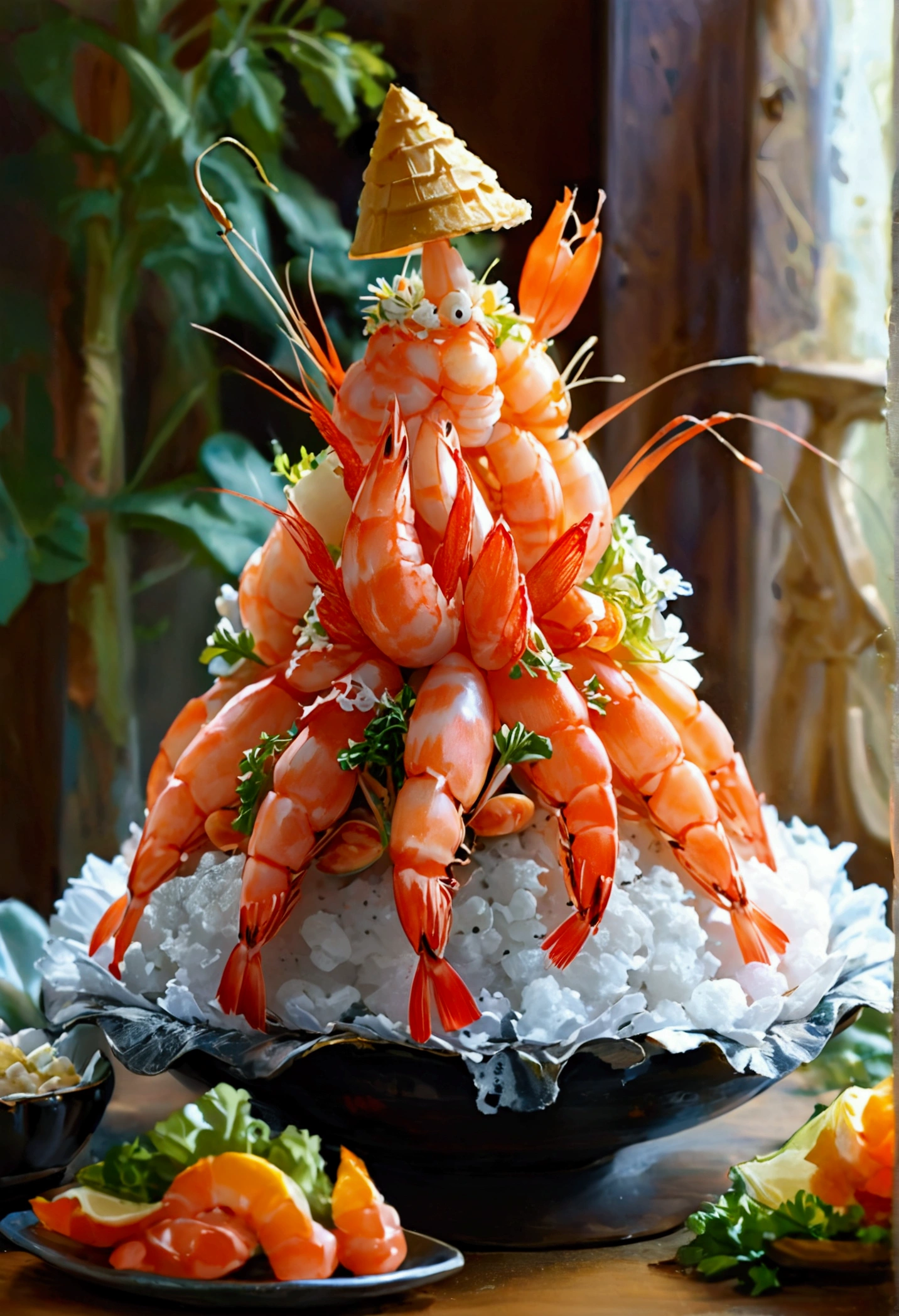 Create an illustration that meets the following criteria: -The main ingredient is shrimp -Pyramid-shaped tiered shrimp arrangement - At the top are Princess Shrimp and King Shrimp - 3 shrimp entourages on the second level - 5 shrimp maids on the third row - 8 shrimp musicians on the 4th level - 10 shrimp guards on the 5th level -part々Garnished with shrimp