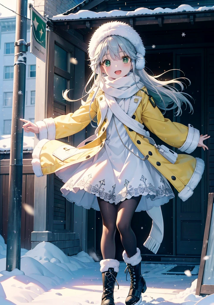 index, index, (Green Eyes:1.5), Silver Hair, Long Hair, (Flat Chest:1.2),happy smile, smile, Open your mouth,Knitted hat,Yellow long coat,White Tokkuri Sweater,Earmuffs,White scarf,Black long skirt,Black pantyhose,short boots,Walking,Snow is piled up,It&#39;s snowing,Snow Scene,Shirogane World,night,moonlight,Let the world enter your illustrations,
break looking at viewer, whole body,
break outdoors, Snow Country,Residential Street,
break (masterpiece:1.2), Highest quality, High resolution, unity 8k wallpaper, (figure:0.8), (Beautiful attention to detail:1.6), Highly detailed face, Perfect lighting, Highly detailed CG, (Perfect hands, Perfect ???????),