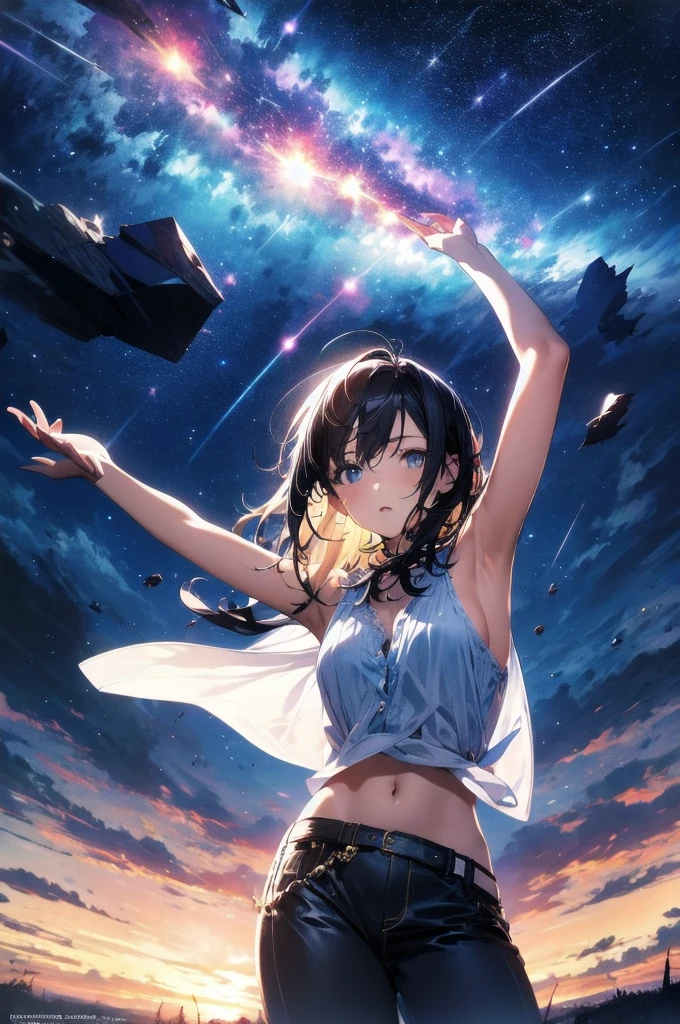 absurdres, highres, (official art, beautiful and aesthetic:1.2), close view, arm up from below
1girl, shining sky, vast world, gazing, awe-inspiring expression, distant horizon, clouds, high hill, natural beauty, inspiration, night sky, Shining Stars,
apstyle